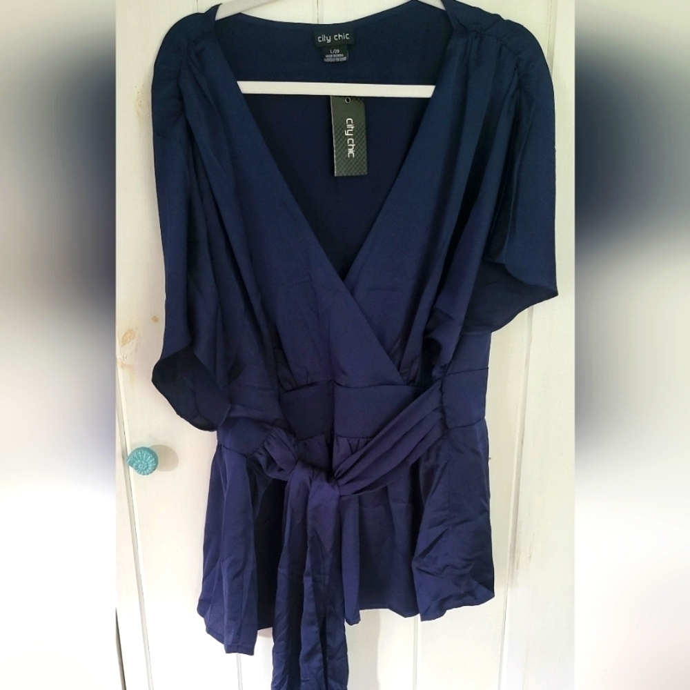 City Chic Satin Tye Waist Peplum Crossover Top